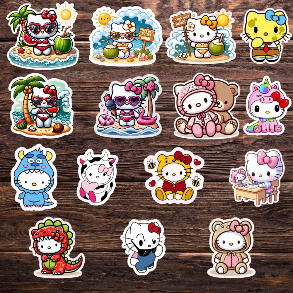 Hello Kitty 15 Sticker Bundle – 3” Cute Beach-Themed & Costume Stickers